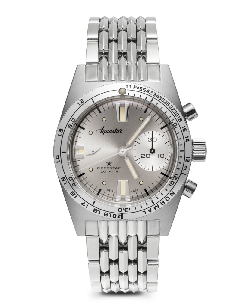 Aquastar Deepstar 39mm Chronograph Silverline，Aquastar 瑞士潜水表，棚拍图