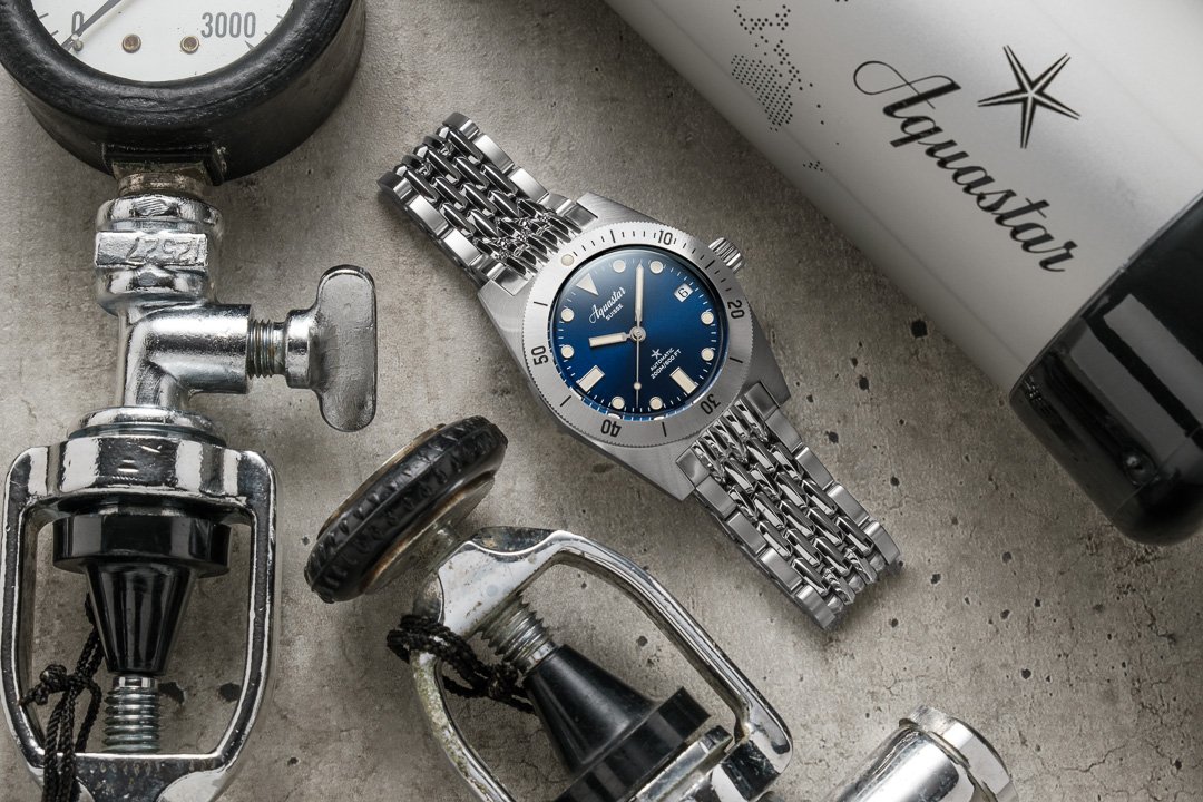 Aquastar Model 60 Steel Blue MKII complete strap/bracelet package, studio photograph 1 of 28