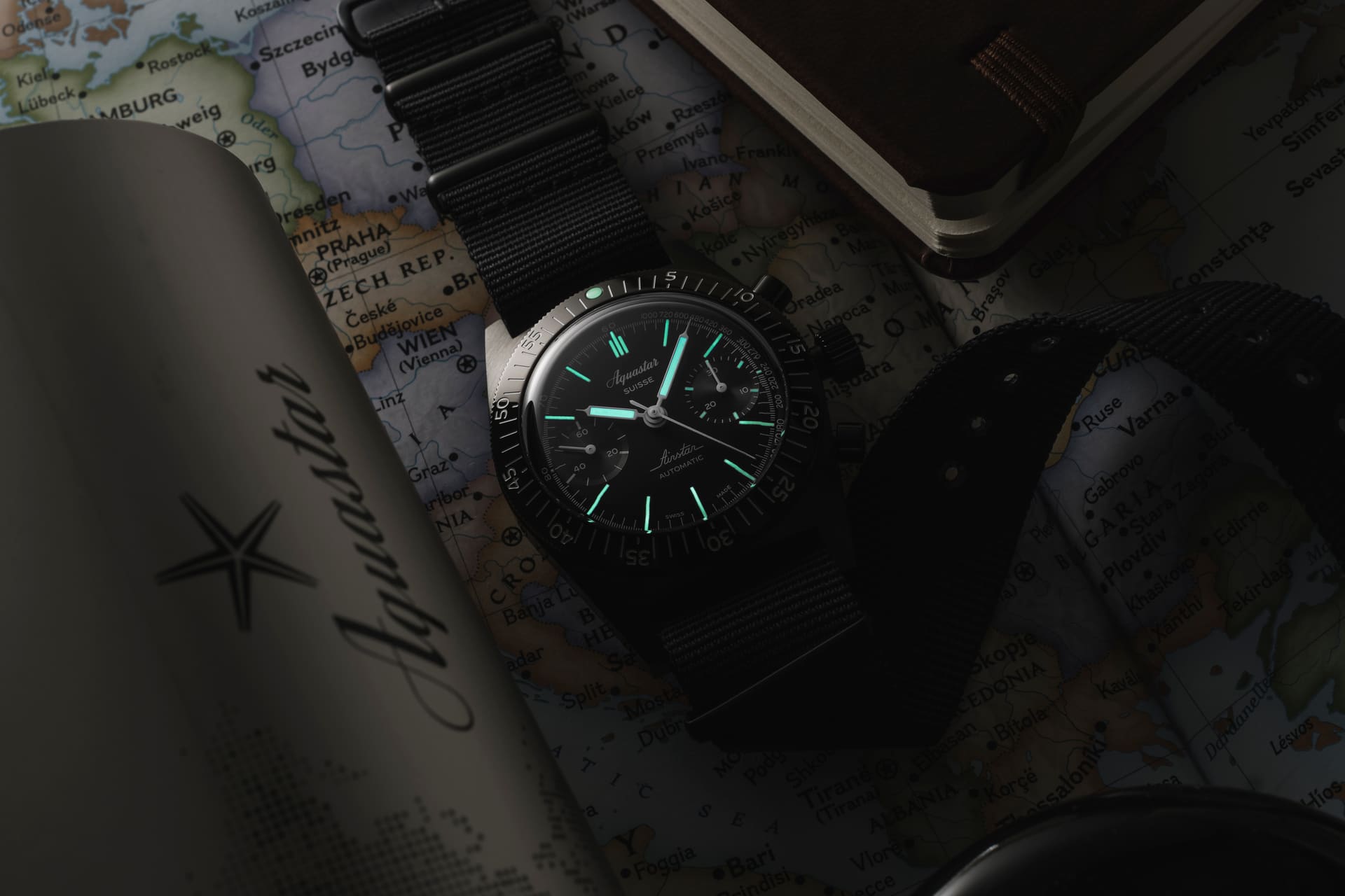 Aquastar Airstar Chronograph DLC, 60th Anniversary Re-Edition, studio photograph 2 of 14