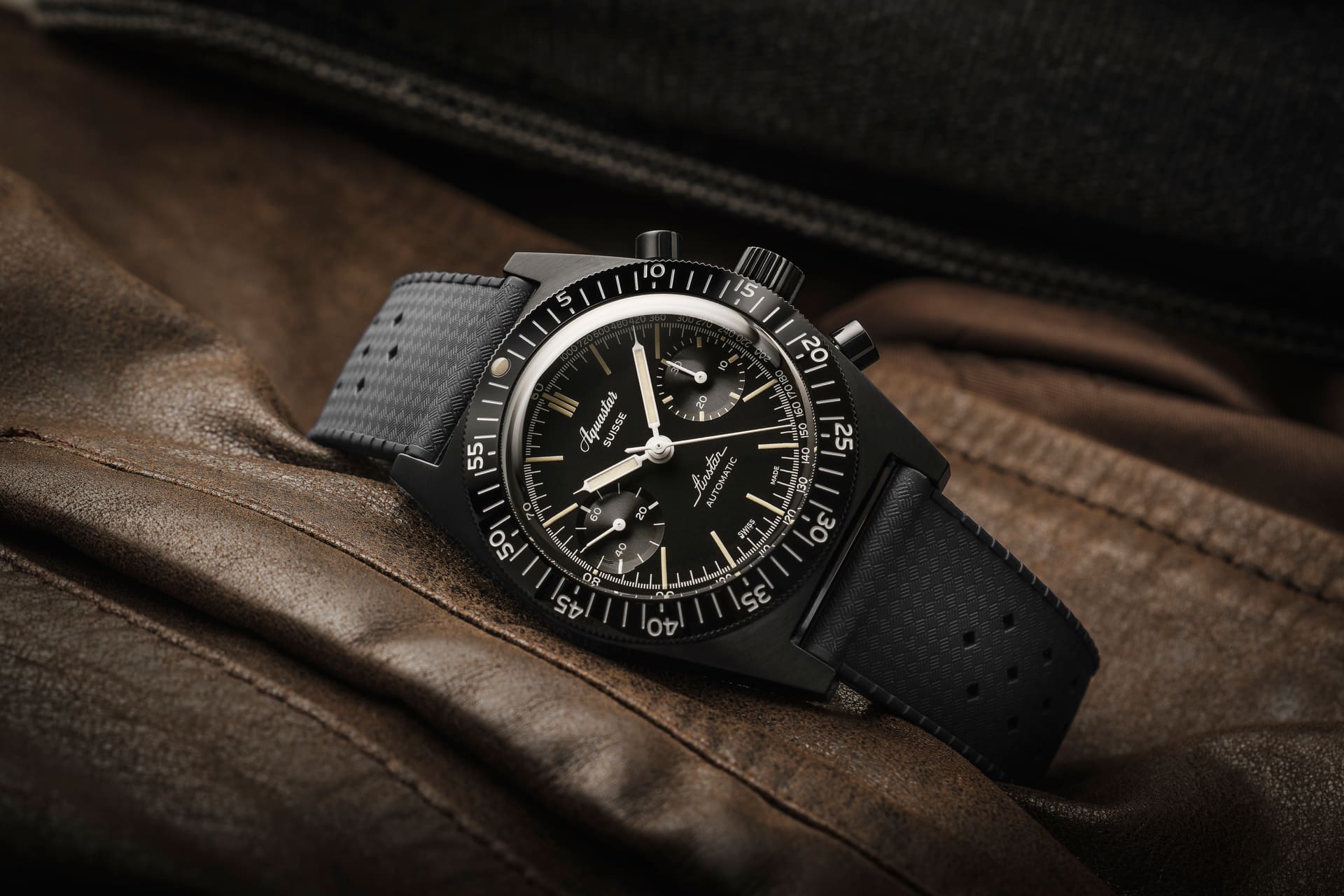 Aquastar Airstar Chronograph DLC, 60th Anniversary Re-Edition, photographed in ambient light