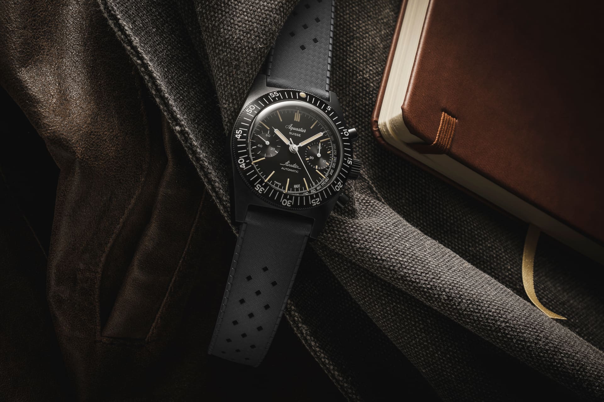 Aquastar Airstar Chronograph DLC, 60th Anniversary Re-Edition, photographed in ambient light