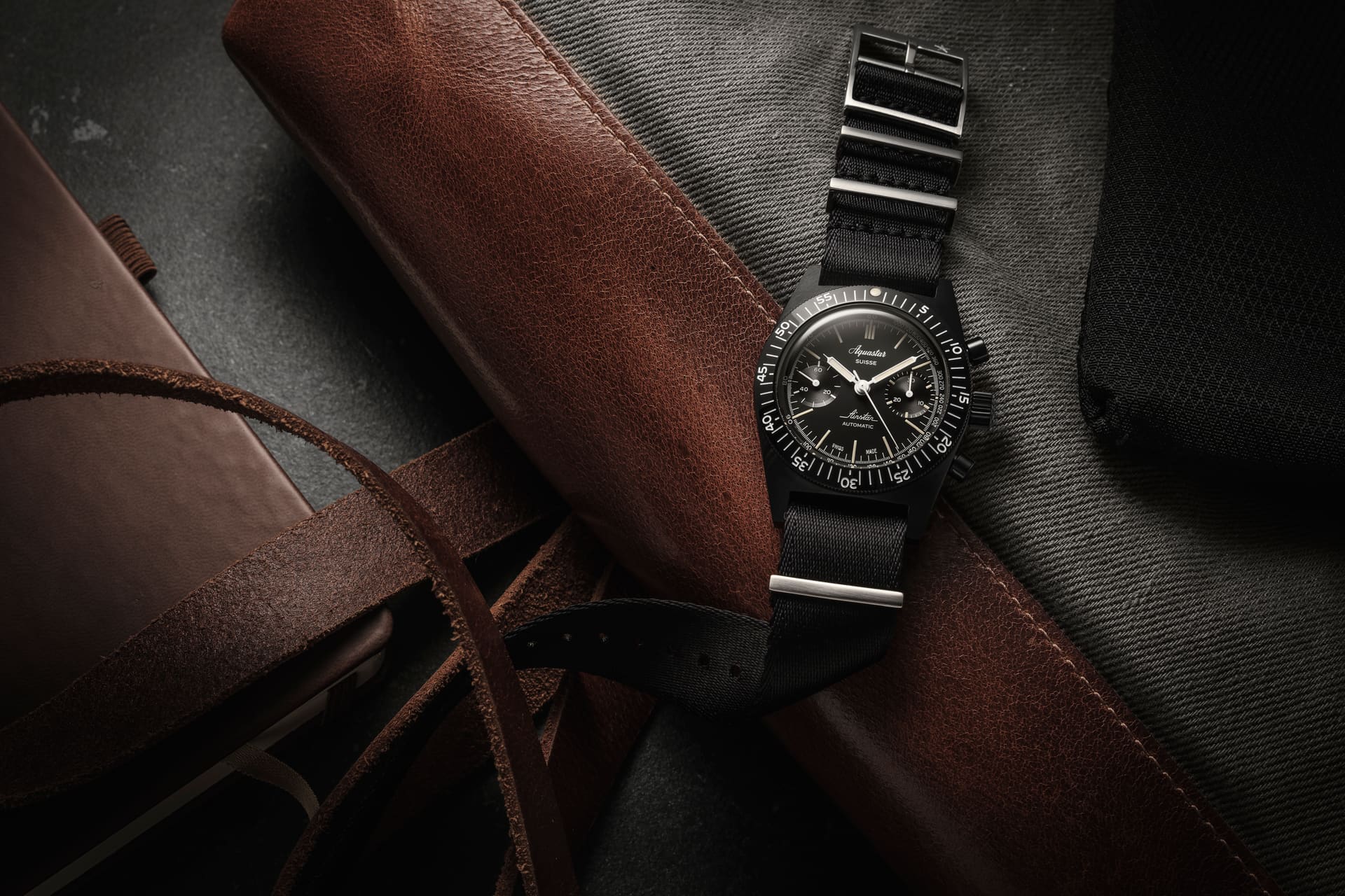 Aquastar Airstar Chronograph DLC, 60th Anniversary Re-Edition, studio photograph 6 of 14