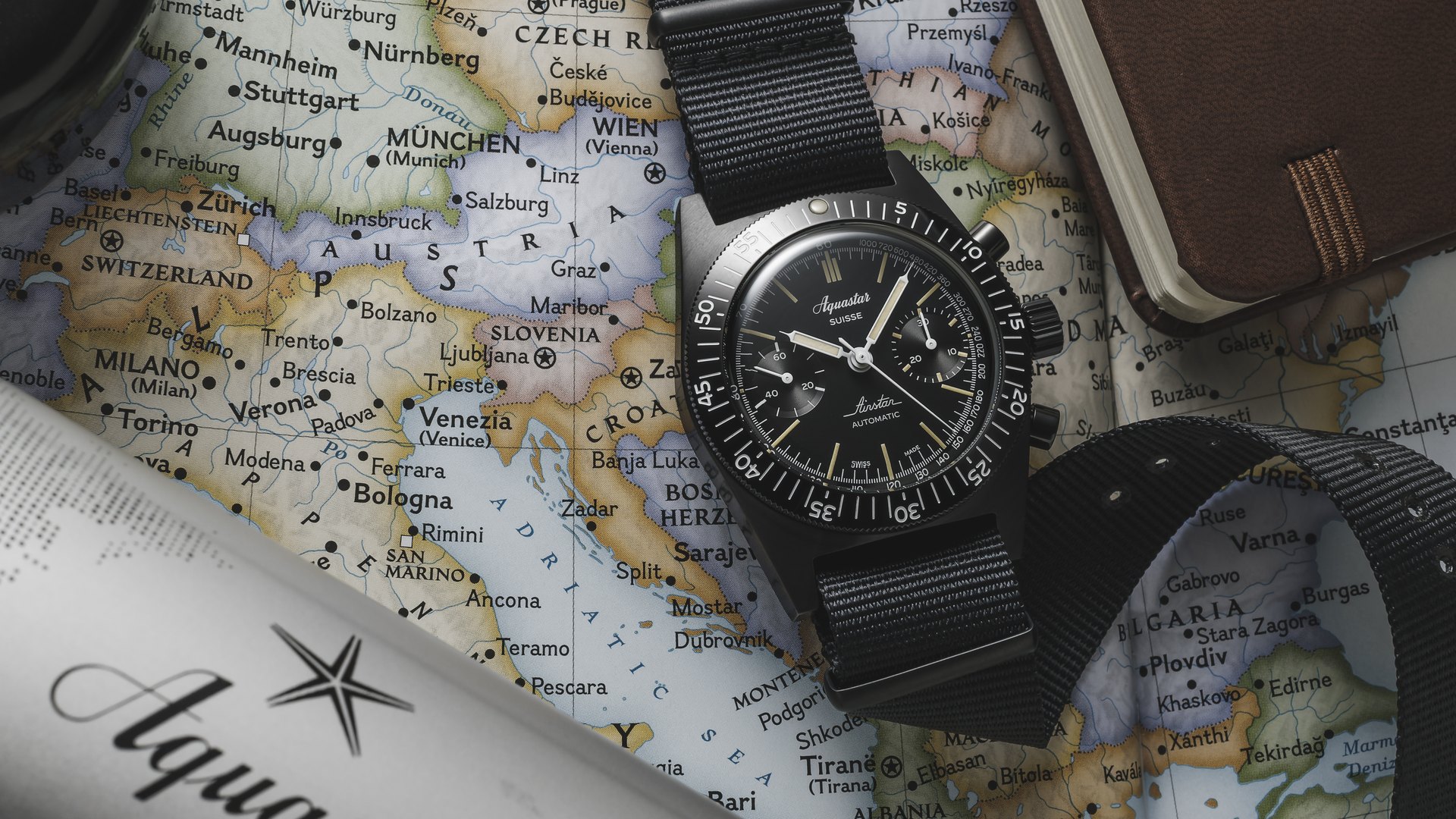Aquastar Airstar 60th anniversary chronograph on European map, pilot's NATO strap