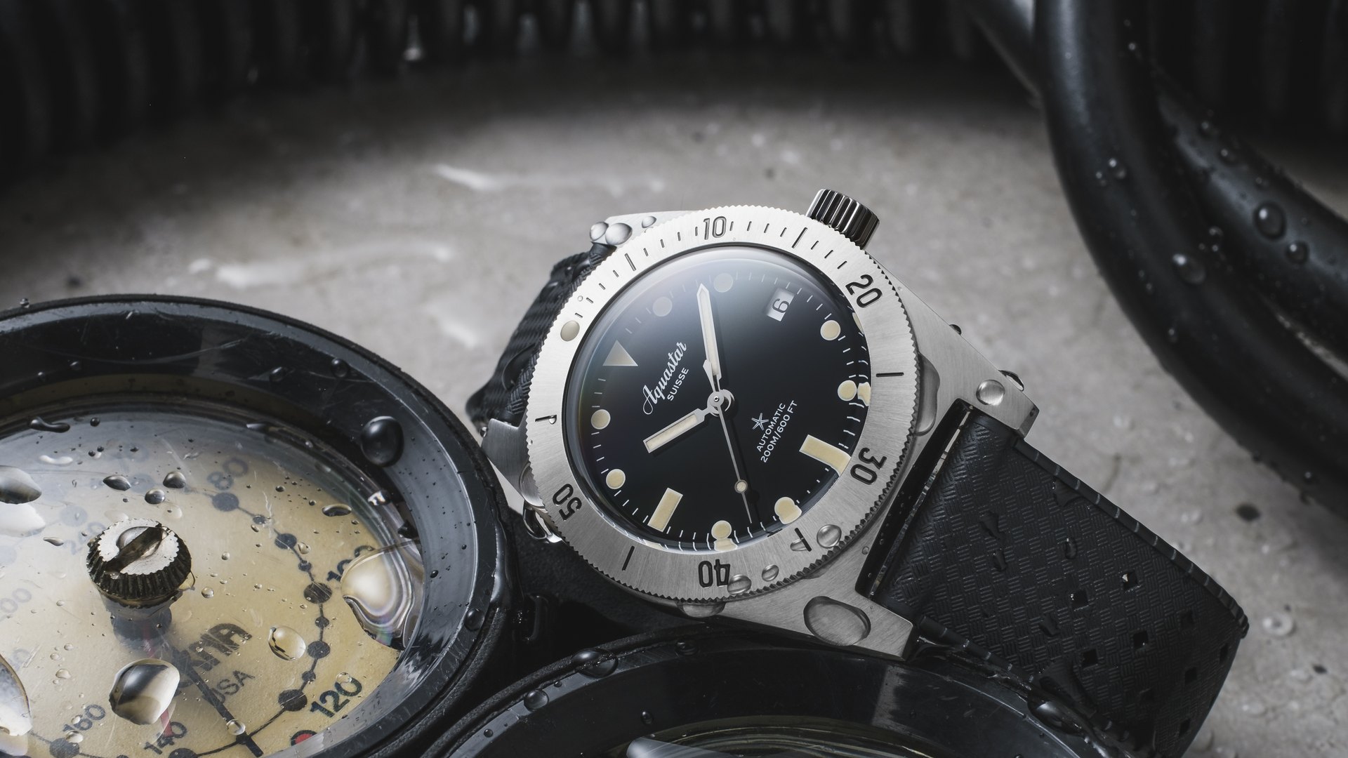 Aquastar Model 60 re-edition on Tropic rubber strap with vintage analog depth gauges