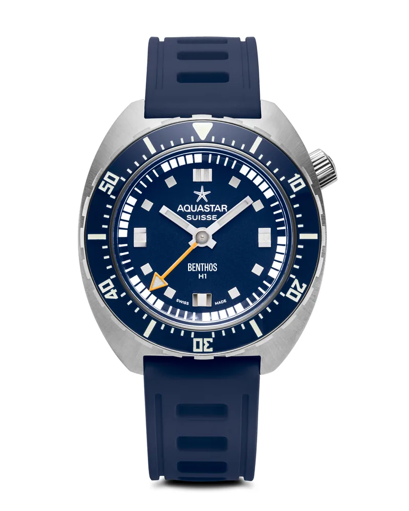 Aquastar Benthos H1 Heritage One Blue Edition, blue dial 500m Swiss dive watch on black rubber strap