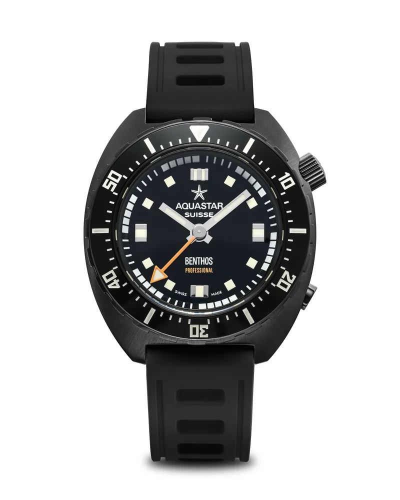 Aquastar Benthos Professional DLC, black diamond-like-carbon coated 300m Swiss dive watch on black ISOfrane rubber strap