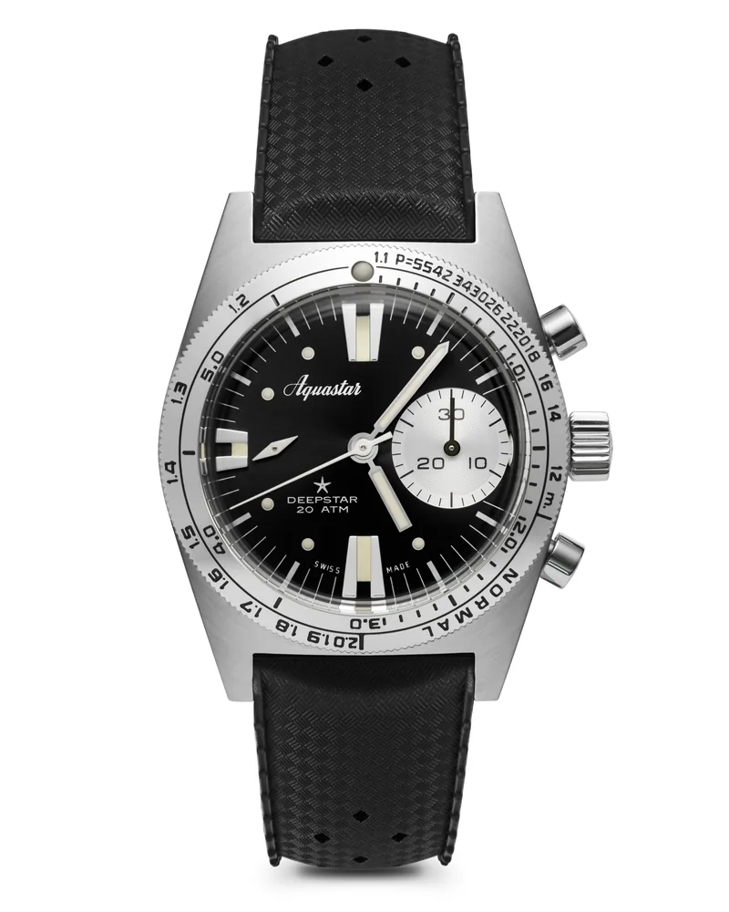 Aquastar Deepstar 39mm Automatic Chronograph, black sunburst dial with white sub-dials, Swiss column-wheel movement