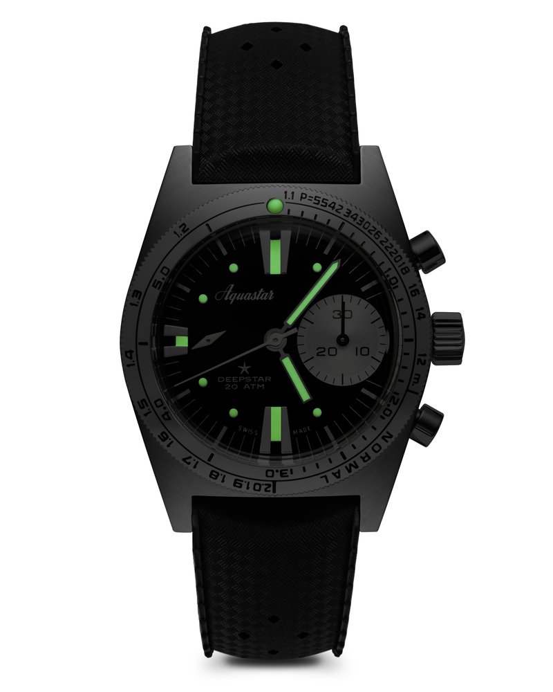 Aquastar Deepstar 39mm Chronograph, black dial with luminous indices and hands glowing in the dark