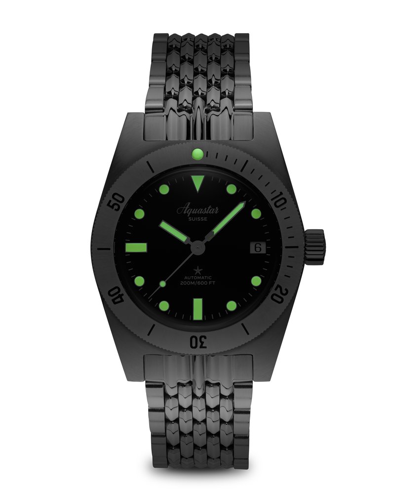 Aquastar Model 60 MKII, black dial with luminous indices and hands glowing in the dark