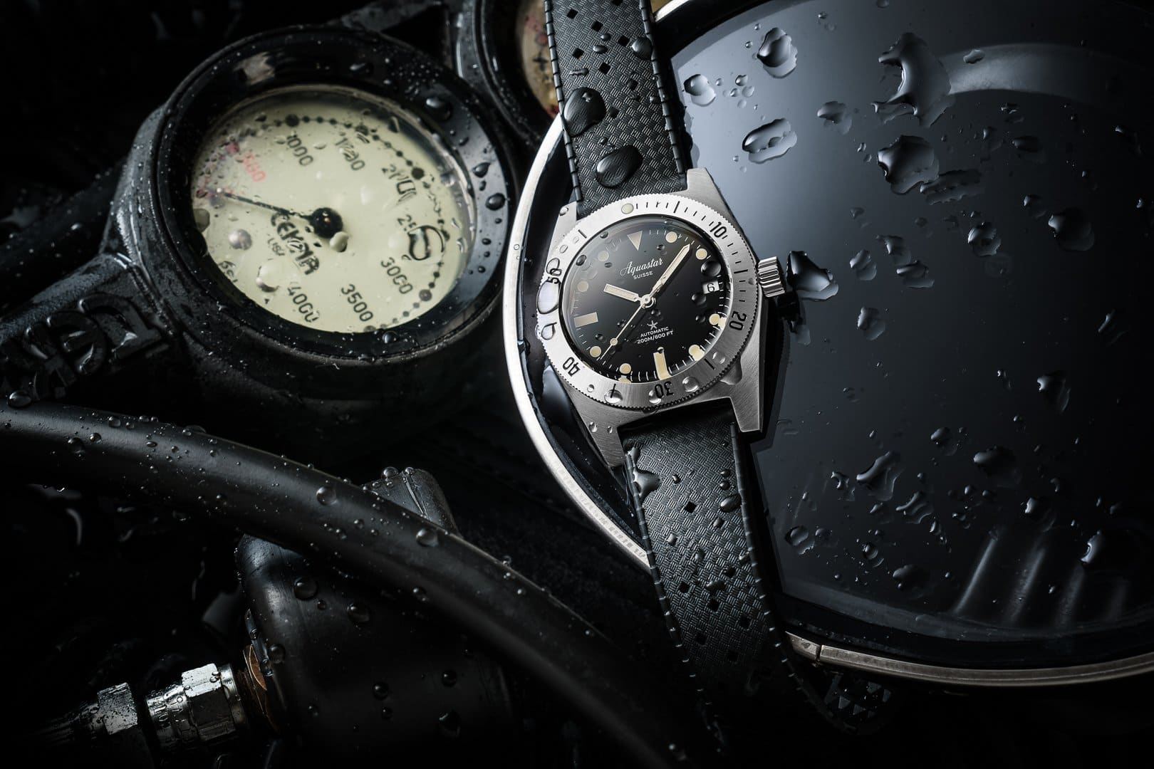 Aquastar Model 60 dive watch with vintage gauge and wet mask