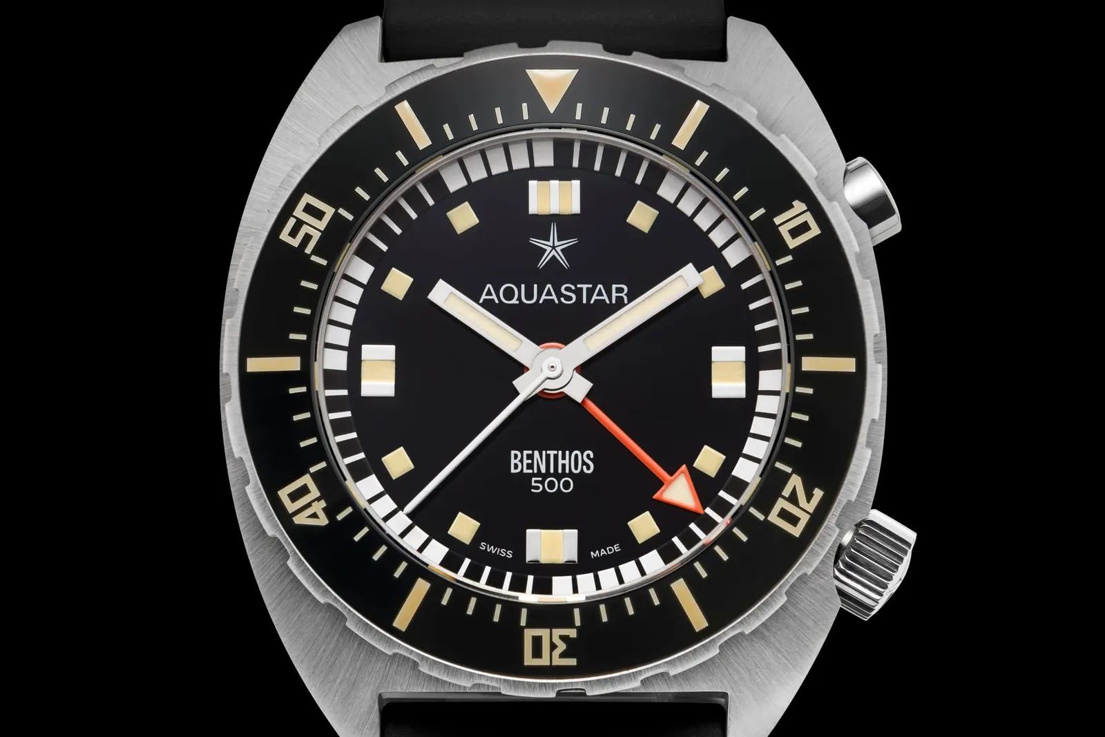 Aquastar Benthos 500 II Founder's Edition chronograph, black dial marked BENTHOS 500, cream vintage-toned lume, orange-tipped central chronograph seconds hand, pusher at 2 o'clock, on black rubber strap