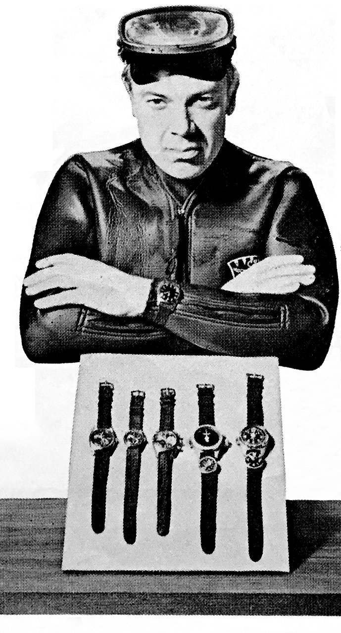 Vintage Aquastar advertisement featuring founder Frederic Robert in a wetsuit and diving mask, arms folded, with five Aquastar dive watches laid out in front of him
