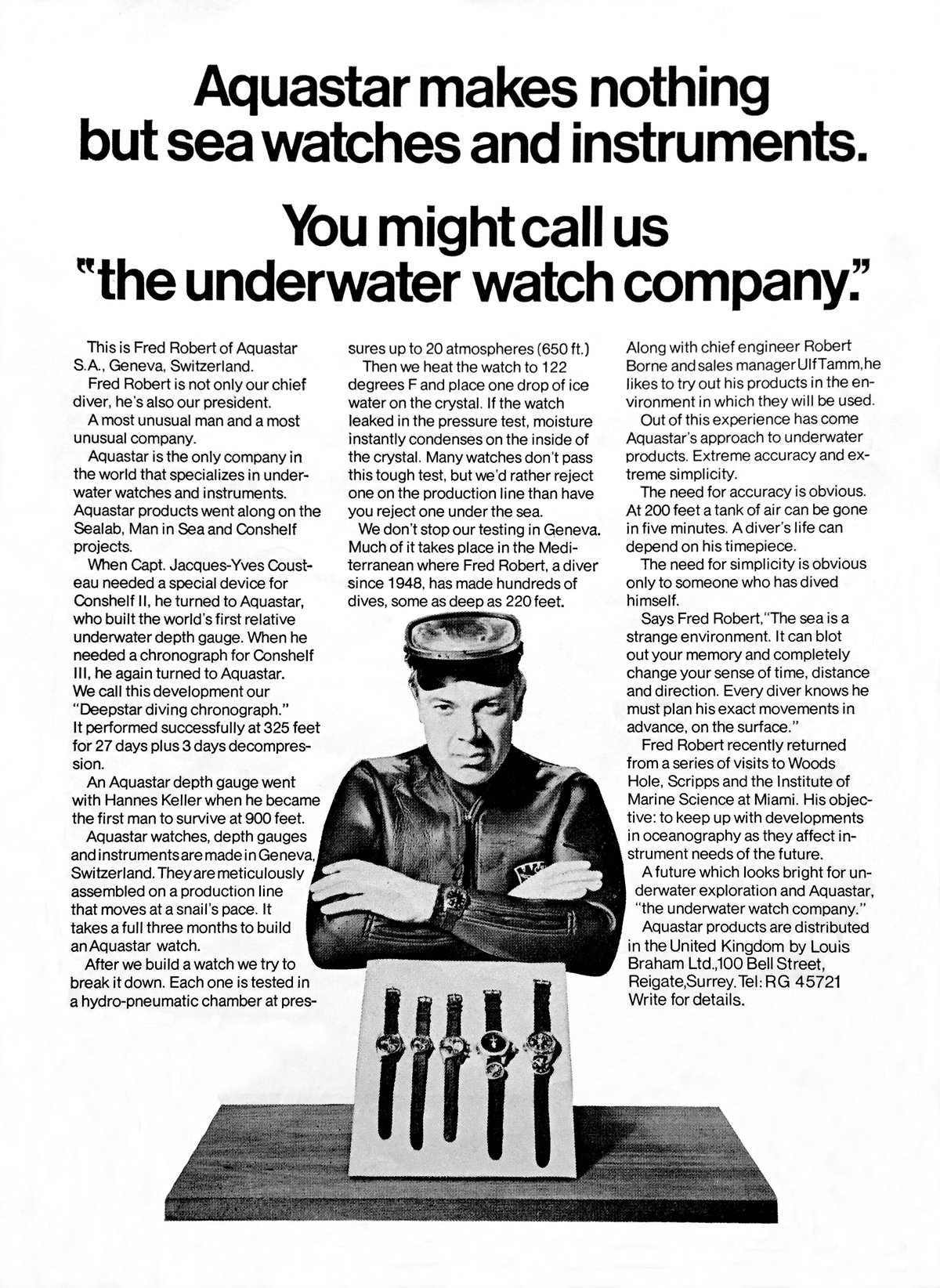 Full-page Aquastar advertisement "The underwater watch company" featuring founder Frederic Robert with five diving-instrument watches laid out in front of him
