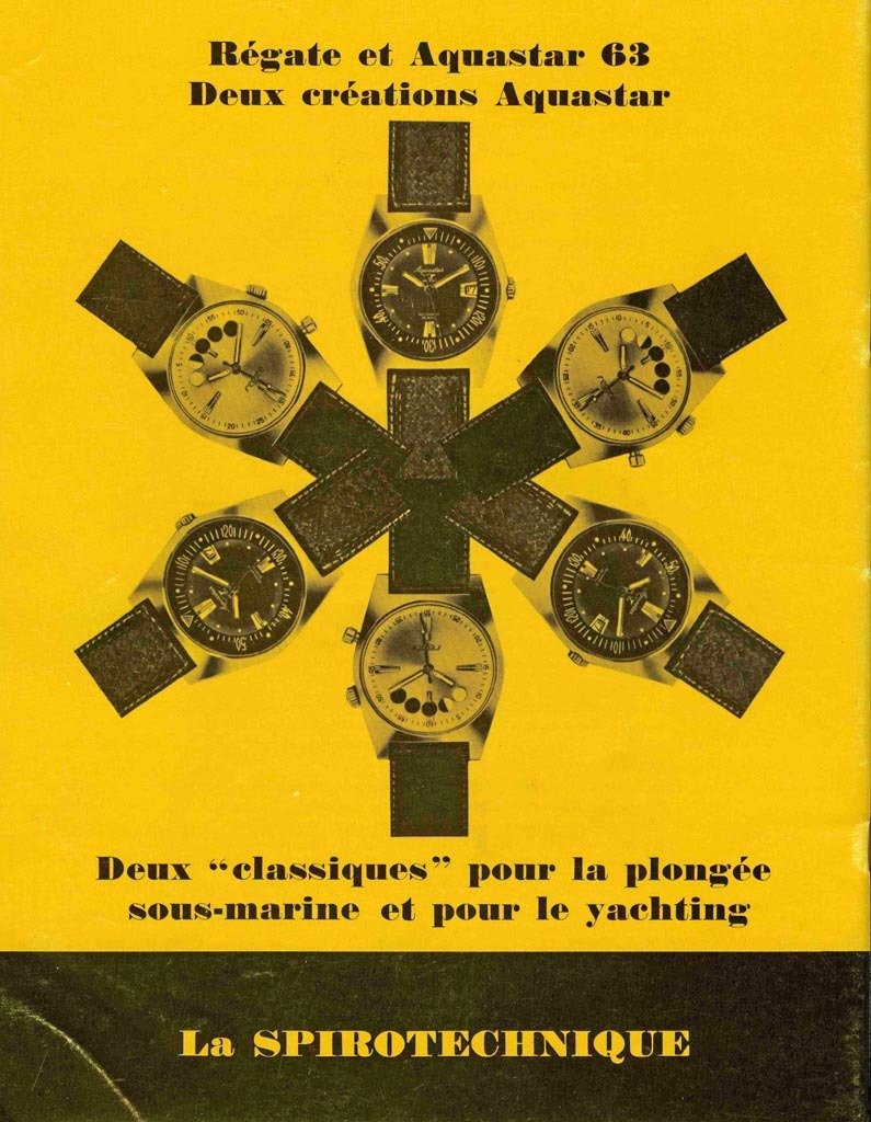Original 1963 Aquastar advertisement in French: "Regate et Aquastar 63, deux creations Aquastar", six watches arranged in a wheel on a yellow ground, distributed by La Spirotechnique