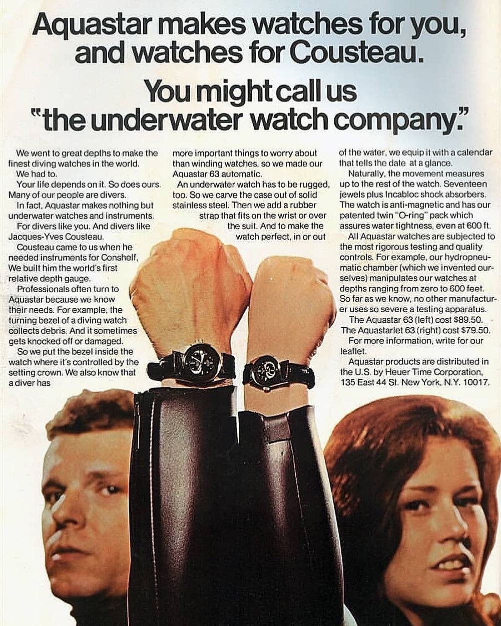 Original Aquastar magazine advertisement titled "The underwater watch company"