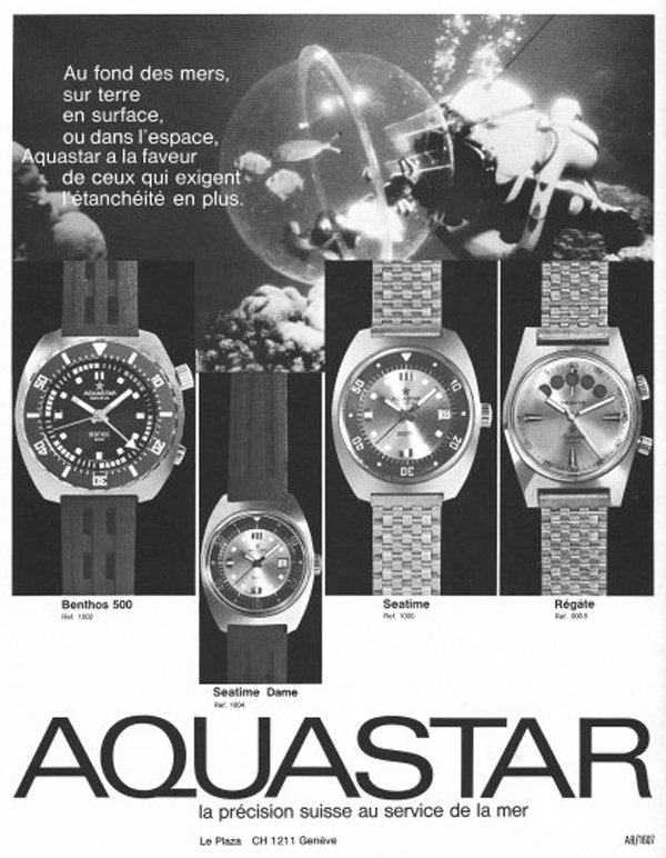 Period Aquastar advertisement, dive-watch line-up