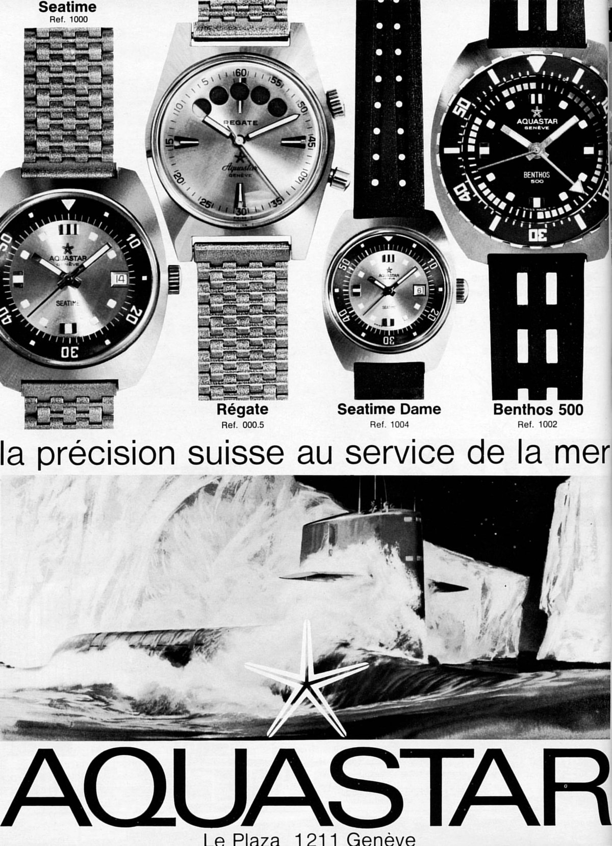 Period Aquastar full-page magazine advertisement, dive-watch line-up
