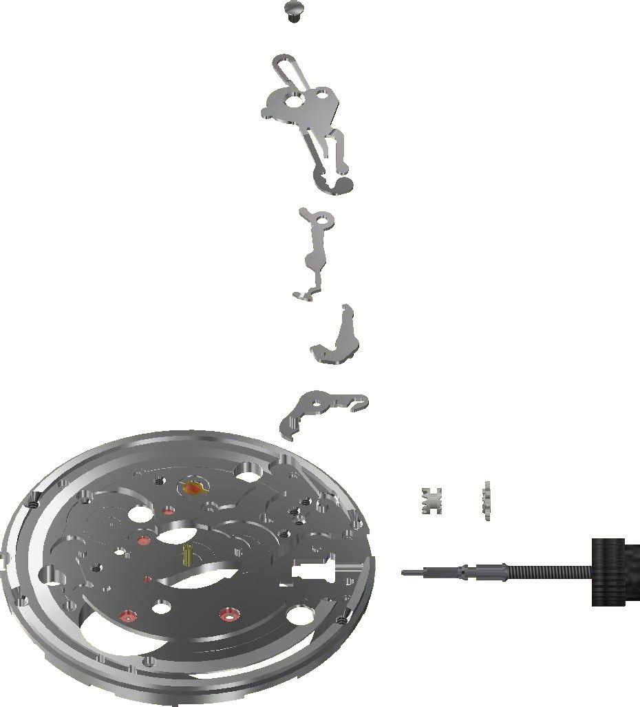 Sellita SW200-1 Swiss automatic movement in top-down view, showing the bridges, escapement, and jeweled bearings